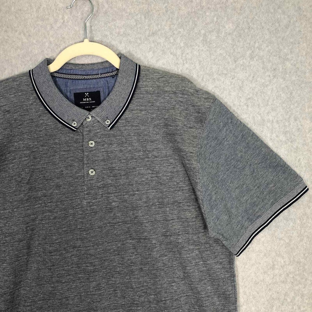 MBX Polo Shirt Mens Large Grey Blue Short Sleeve Golf Casual Stretch Preppy Knit